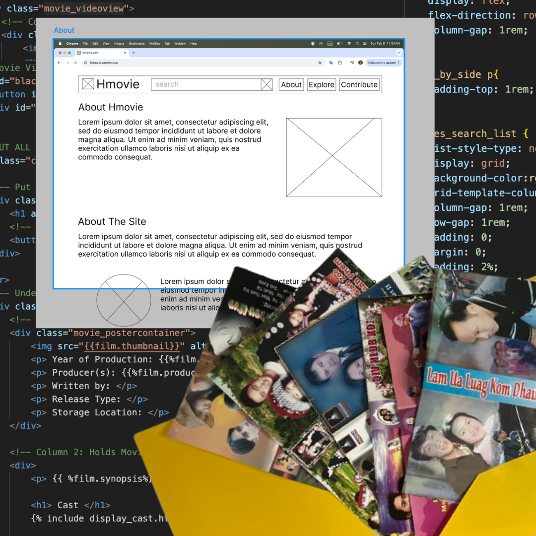 Image of code and Hmong movies to represent the site's development.
